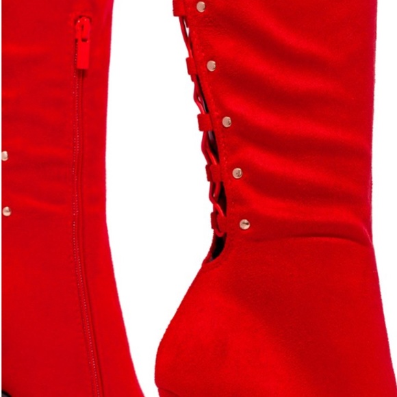 NEW !! Stretchy Over the Knee Lace Up Boots in Red - Picture 4 of 10